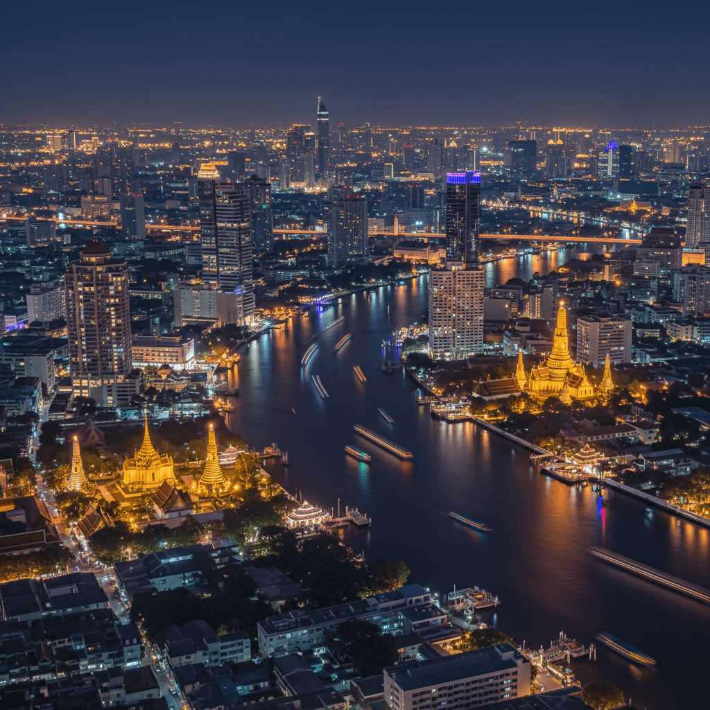 Bangkok Thailand cityscape at night with Chao Phraya river, illuminated temples and golden spires reflecting on the water