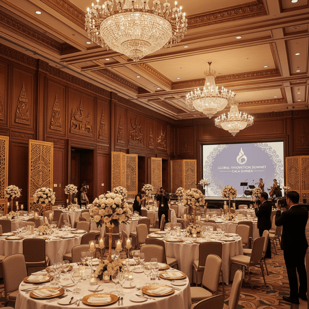 Elegant luxury hotel ballroom in Bangkok Thailand set up for a grand MICE corporate gala dinner with crystal chandeliers and golden decor