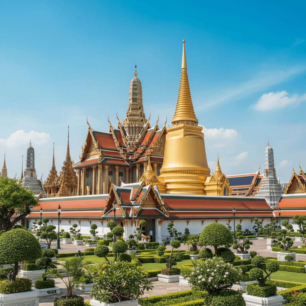 Wat Phra Kaew Temple of the Emerald Buddha in Bangkok Thailand with golden spires and ornate architecture