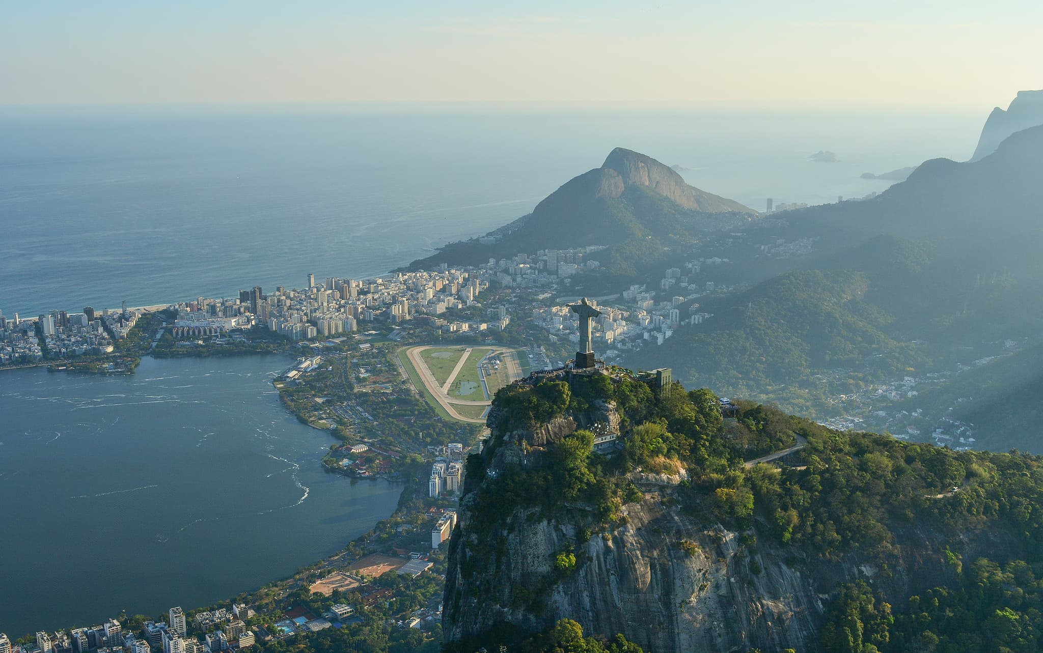 Rio de Janeiro Brazil with Christ the Redeemer statue overlooking Sugarloaf Mountain and Guanabara Bay