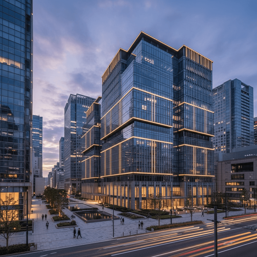 Modern corporate business district in Bangkok with glass skyscrapers at dusk