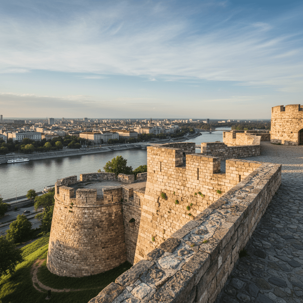 Belgrade Serbia Kalemegdan fortress overlooking the confluence of the Sava and Danube rivers at sunset