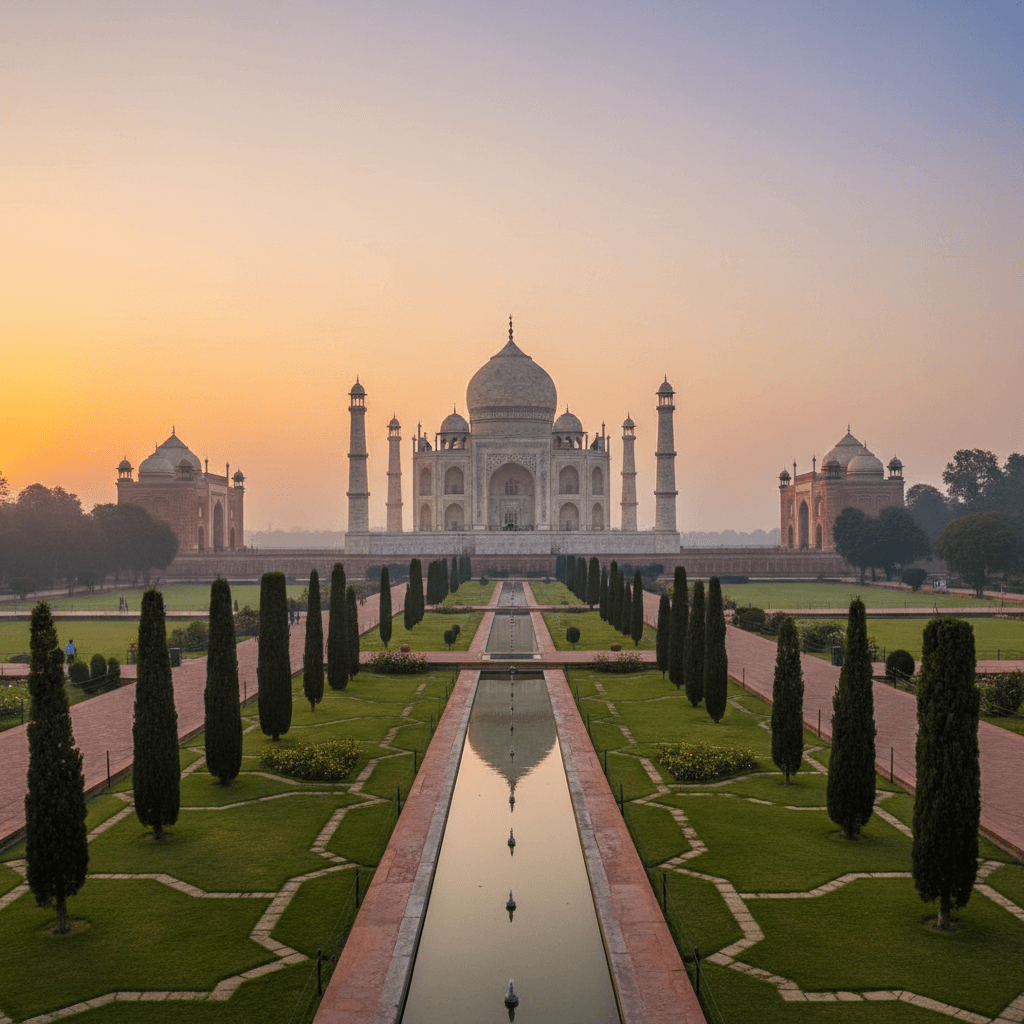 Taj Mahal in Agra India at sunrise with reflecting pool and lush gardens