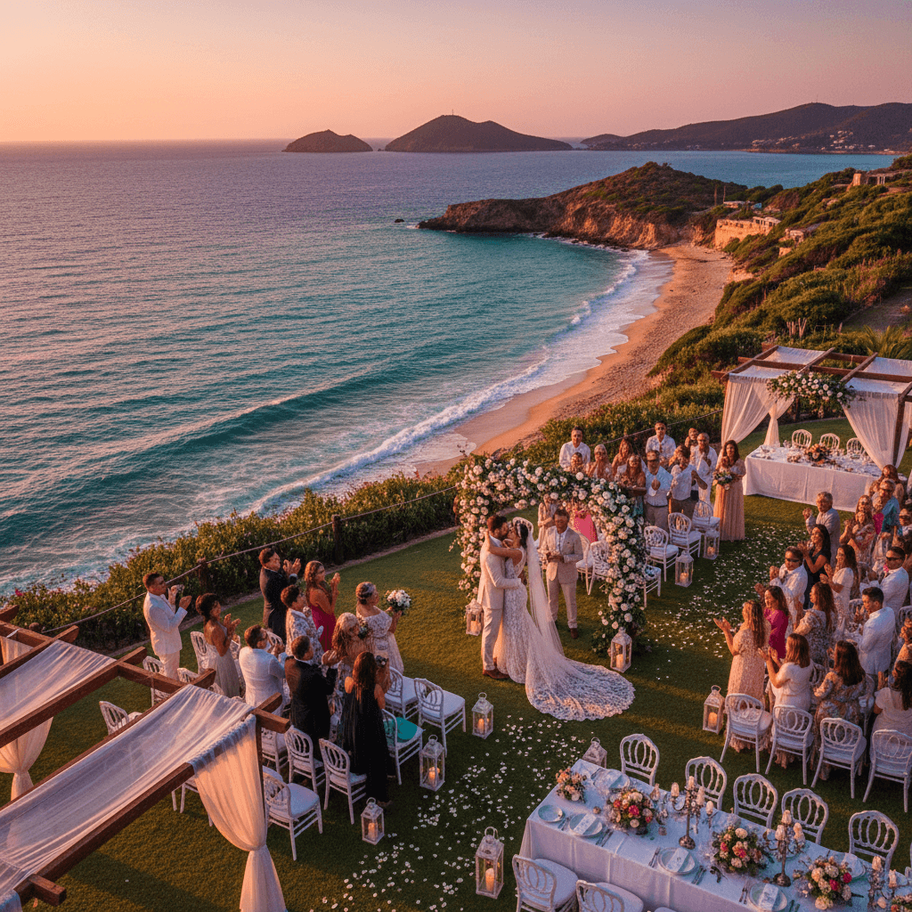 Romantic beachfront wedding ceremony in Phuket Thailand with tropical floral decorations at sunset
