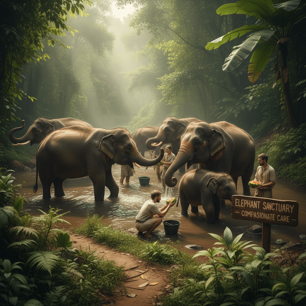 Gentle elephants bathing in a river at an ethical elephant sanctuary in Chiang Mai