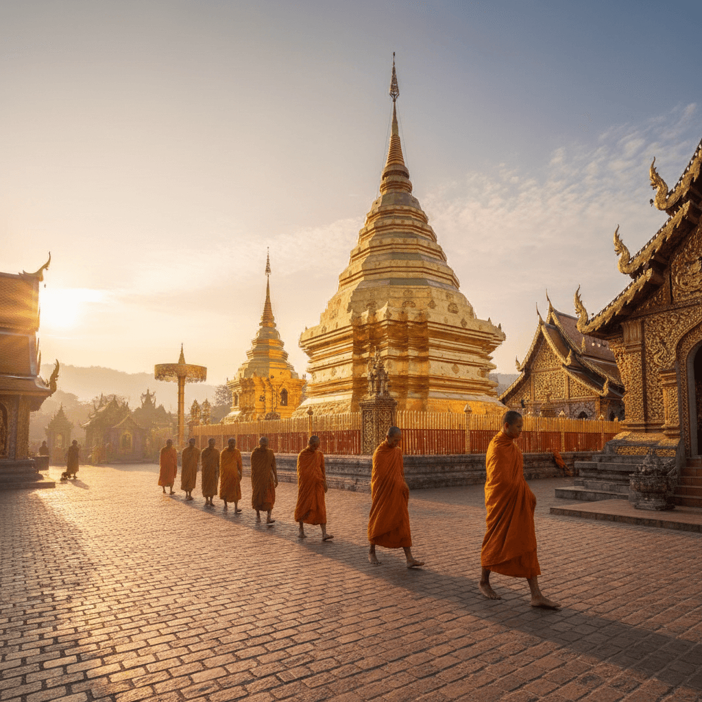 Buddhist monks in saffron robes walking through ancient Chiang Mai temple at dawn