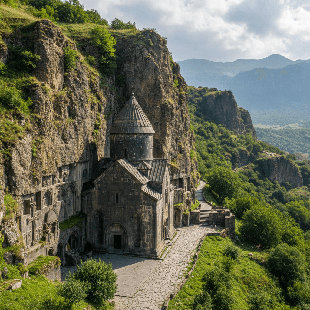 Geghard Monastery Armenia carved into the rocky gorge with Mount Ararat visible in the distance