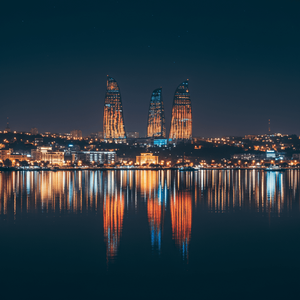 Baku Azerbaijan flame towers illuminated at night with the Caspian Sea in the background