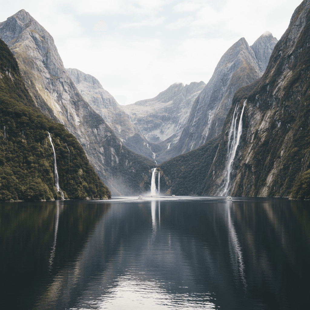 Milford Sound New Zealand with dramatic fjord cliffs, waterfalls and mirror-like water