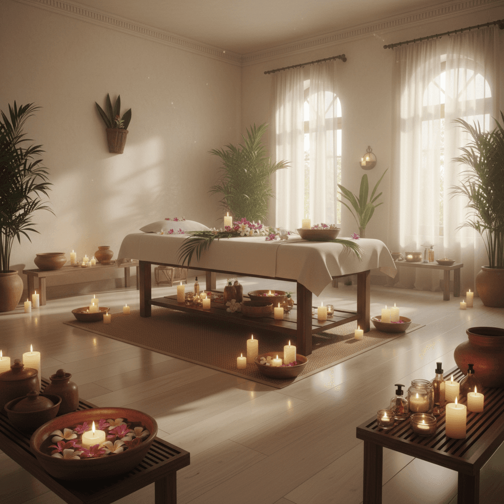 Serene Thai spa setting with candles and tropical flowers
