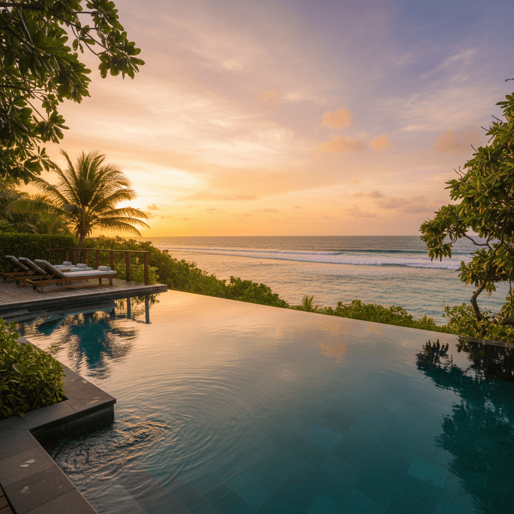 Luxury infinity pool villa overlooking Koh Samui tropical bay at golden hour Thailand