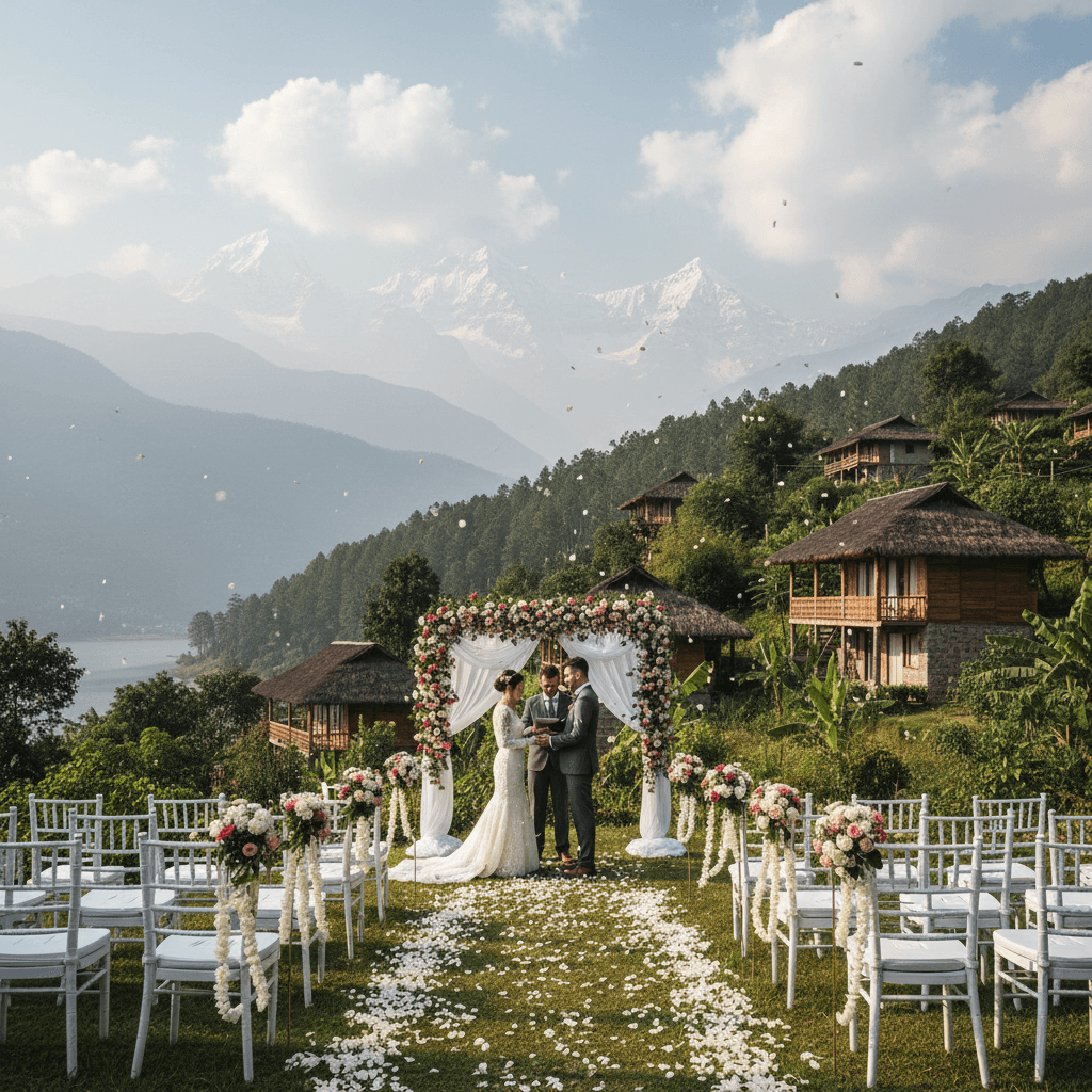 Chiang Mai temple garden wedding ceremony with mountain backdrop