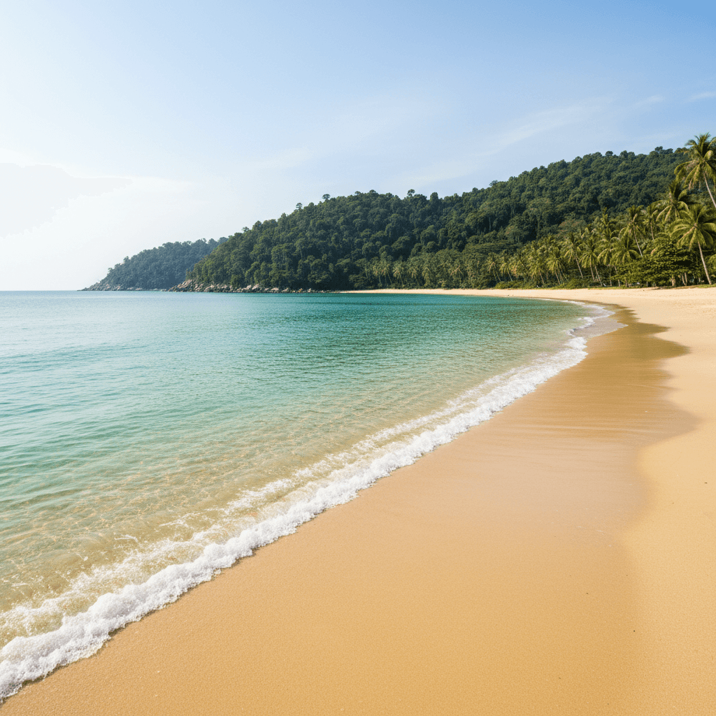 Koh Lanta long sandy beach with turquoise water and tropical vegetation