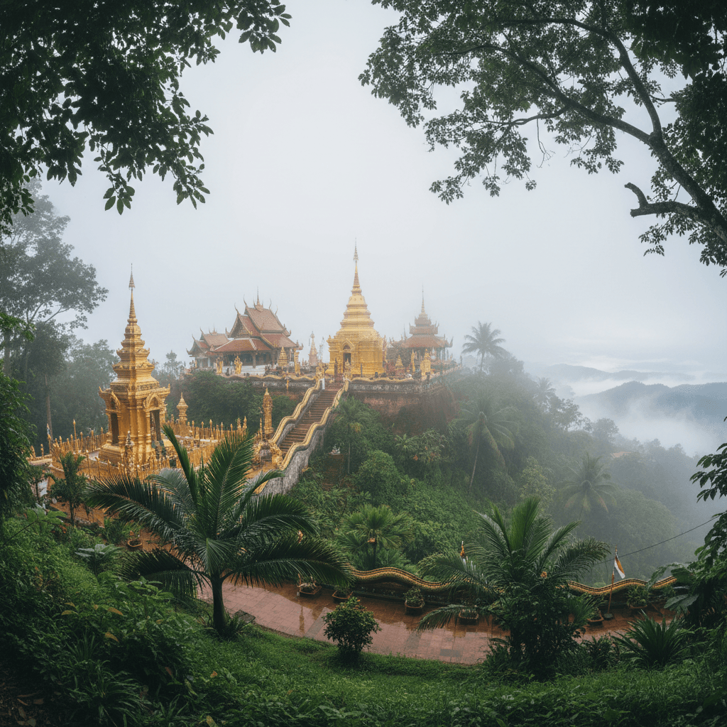 Chiang Mai Doi Inthanon mountain temple surrounded by misty forest at dawn