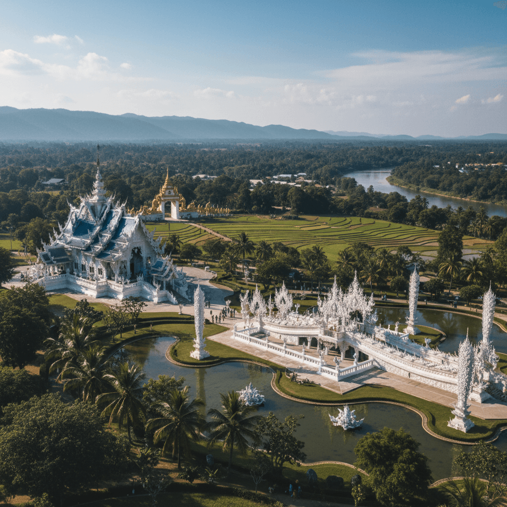 White Temple Chiang Rai gleaming in sunlight surrounded by lush northern Thailand landscape