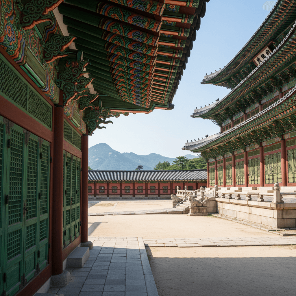 Gyeongbokgung Palace in Seoul South Korea with traditional architecture and mountains in background