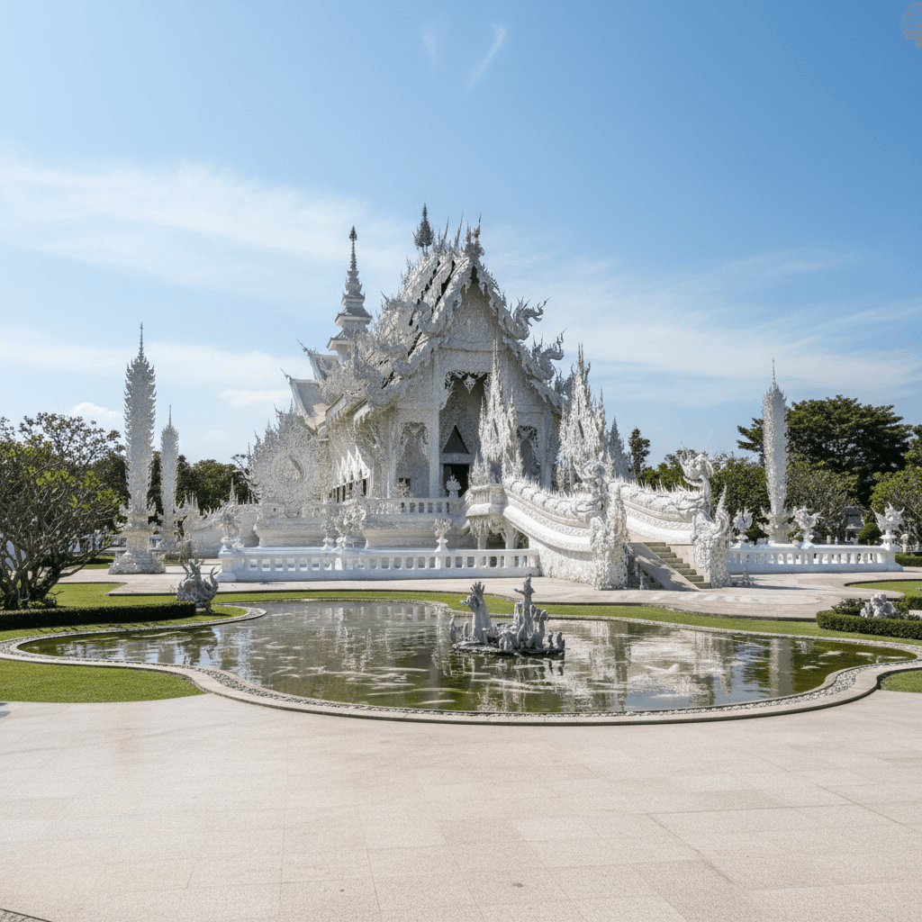 Chiang Rai White Temple Wat Rong Khun with intricate white architecture and blue sky