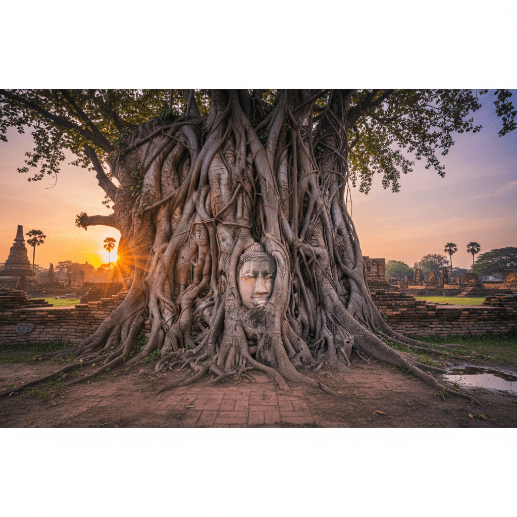 Ancient Ayutthaya temple ruins at golden hour with dramatic sky and stone Buddha statues