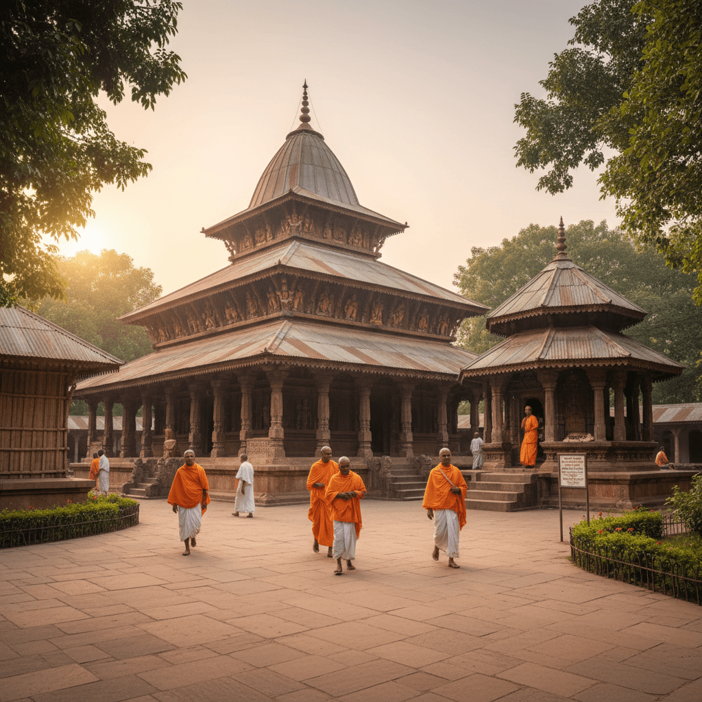 Luang Prabang temple at sunrise with monks in orange robes walking along the street