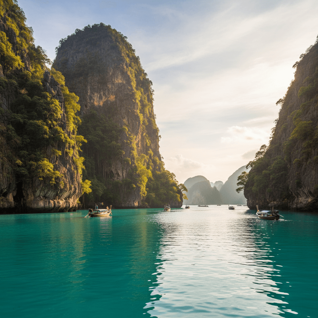 Phi Phi Islands dramatic limestone cliffs and crystal clear turquoise lagoon from above