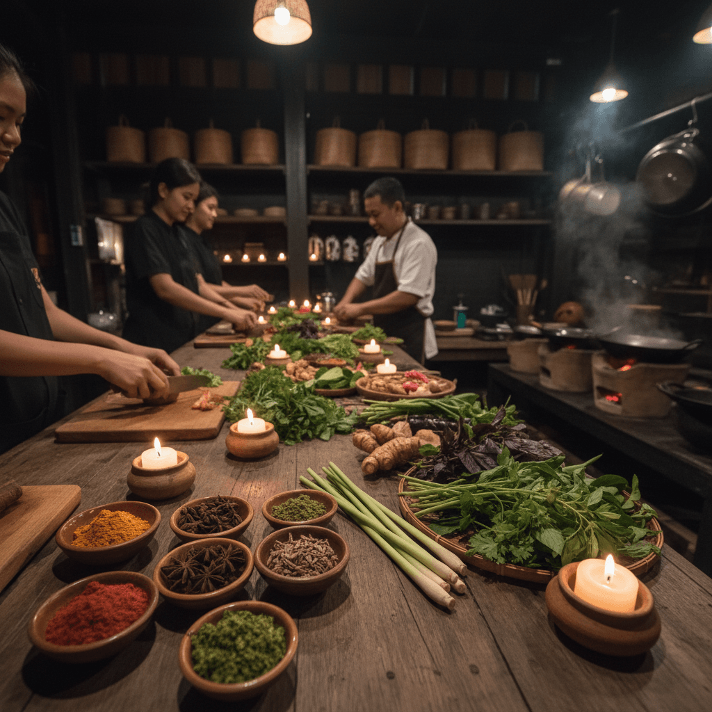 Traditional Thai cooking class with colorful fresh ingredients and aromatic spices