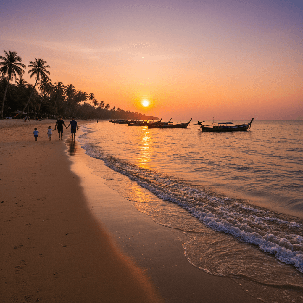 Beautiful Thai beach at sunset perfect for family holidays and honeymoons