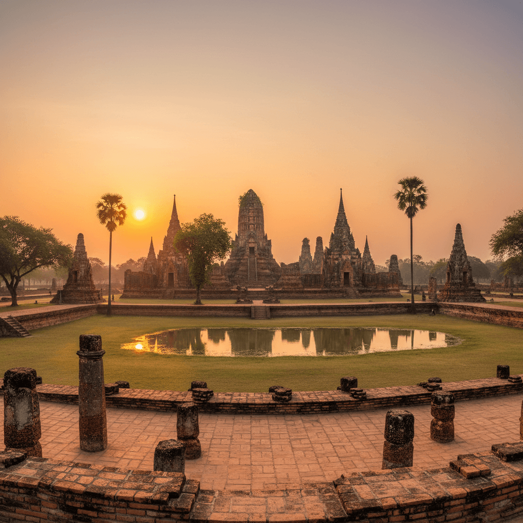 Sukhothai historical park with ancient temple ruins and Buddha statues at sunrise