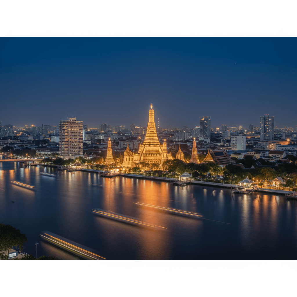 Bangkok city skyline illuminated at night with golden temple lights reflecting on river