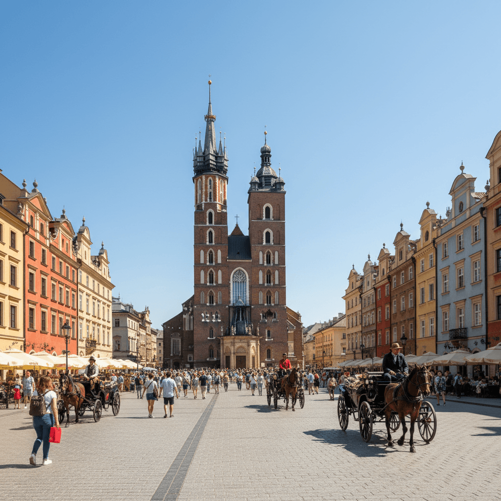 Krakow Poland Main Market Square with colourful townhouses and St Mary Basilica at sunset