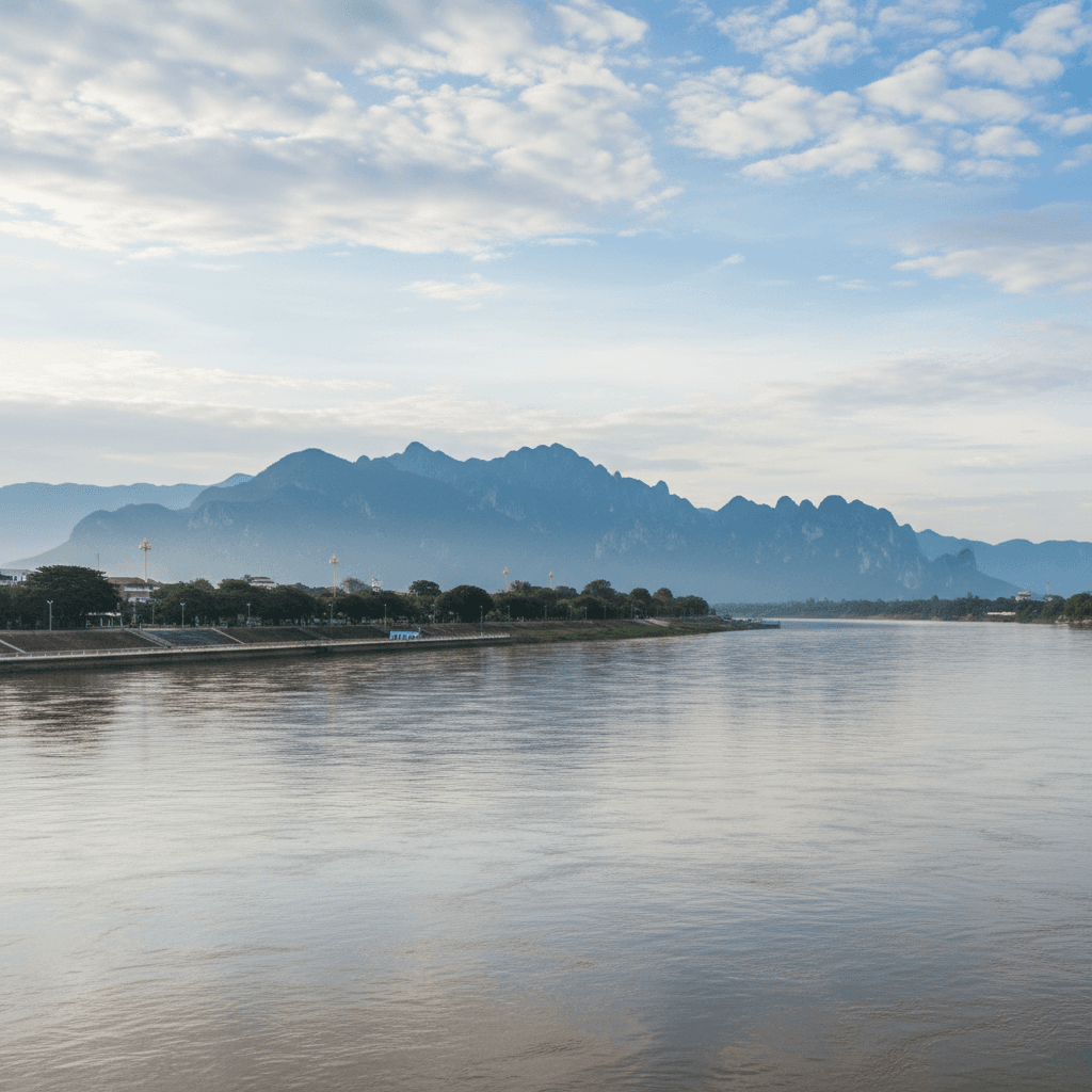 Nakhon Phanom riverside with Mekong River and Laos mountains in background