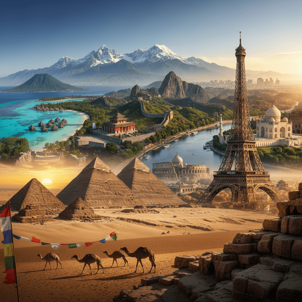 World travel destinations — beautiful landscapes and iconic landmarks from around the globe